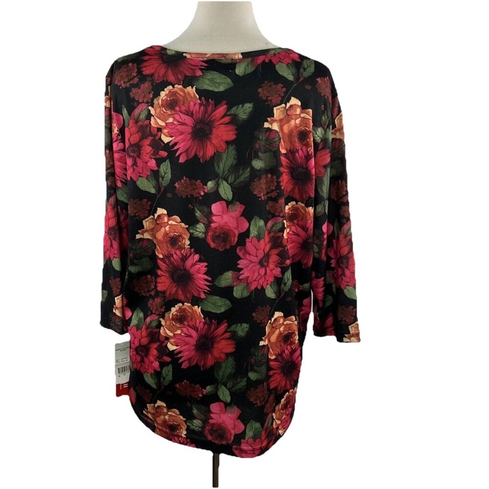 Rebecca Malone 1X Womens Top Floral Stretch 3/4 Sleeve Black Pink Orange Flowers - Picture 5 of 9